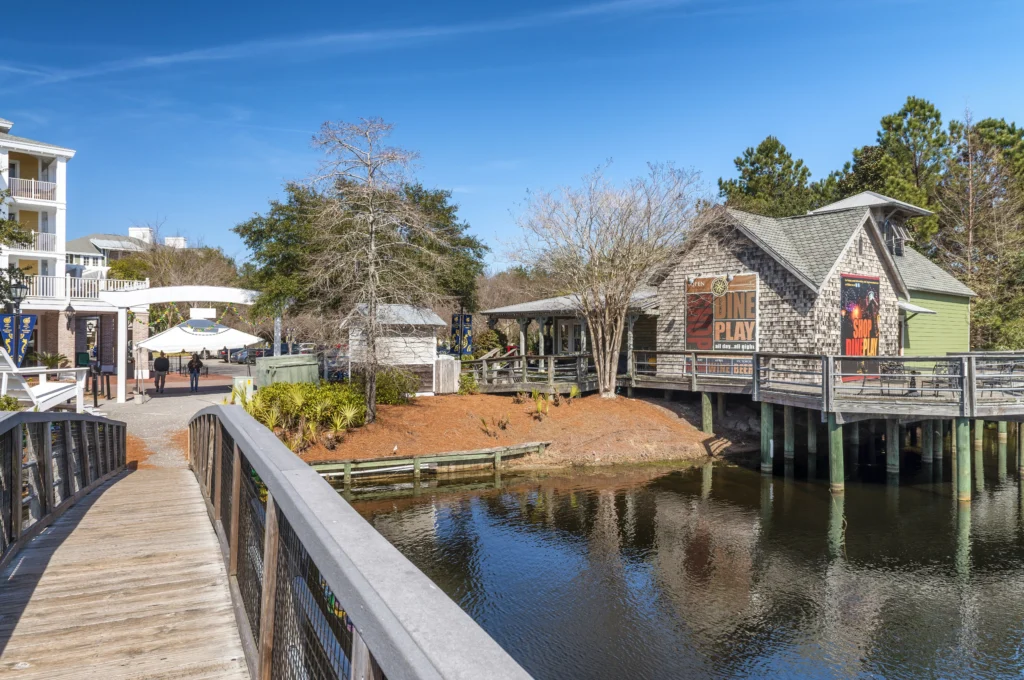 Waterfront boardwalk and restaurants at HarborWalk Village in Destin, Florida